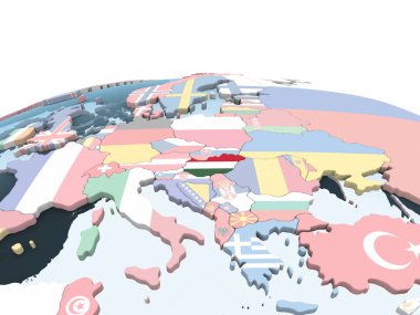 Macaristan katıştırılmış bayrak ile parlak siyasi dünya üzerinde. 3D çizim.