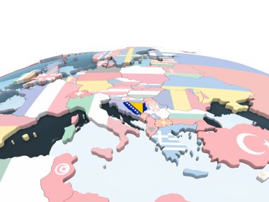 Bosna ve Hersek katıştırılmış bayrak ile parlak siyasi dünya üzerinde. 3D çizim.