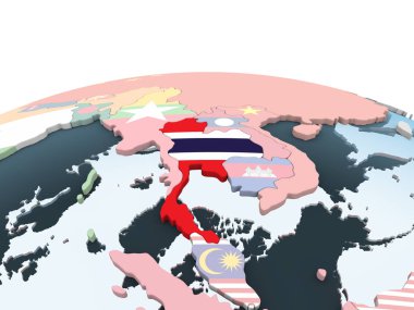 Tayland katıştırılmış bayrak ile parlak siyasi dünya üzerinde. 3D çizim.