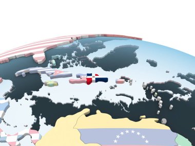 Dominik Cumhuriyeti katıştırılmış bayrak ile parlak siyasi dünya üzerinde. 3D çizim.