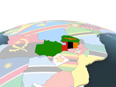 Zambiya katıştırılmış bayrak ile parlak siyasi dünya üzerinde. 3D çizim.
