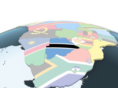 Botsvana katıştırılmış bayrak ile parlak siyasi dünya üzerinde. 3D çizim.