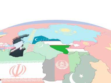 Özbekistan katıştırılmış bayrak ile parlak siyasi dünya üzerinde. 3D çizim.