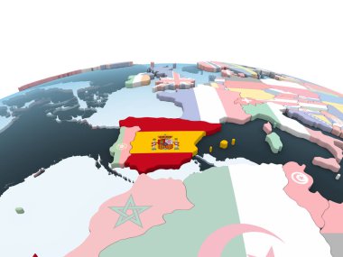 İspanya katıştırılmış bayrak ile parlak siyasi dünya üzerinde. 3D çizim.
