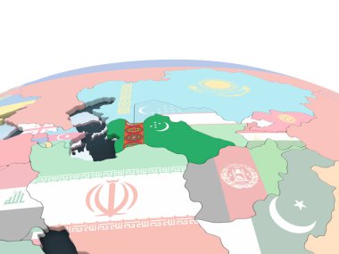 Türkmenistan katıştırılmış bayrak ile parlak siyasi dünya üzerinde. 3D çizim.