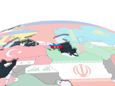 Azerbaycan katıştırılmış bayrak ile parlak siyasi dünya üzerinde. 3D çizim.
