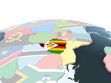 Zimbabve katıştırılmış bayrak ile parlak siyasi dünya üzerinde. 3D çizim.