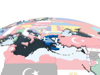 Yunanistan katıştırılmış bayrak ile parlak siyasi dünya üzerinde. 3D çizim.