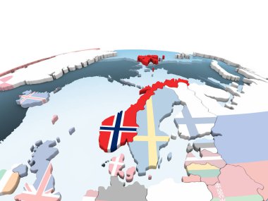Norveç katıştırılmış bayrak ile parlak siyasi dünya üzerinde. 3D çizim.