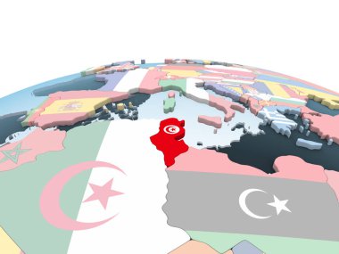Tunus katıştırılmış bayrak ile parlak siyasi dünya üzerinde. 3D çizim.