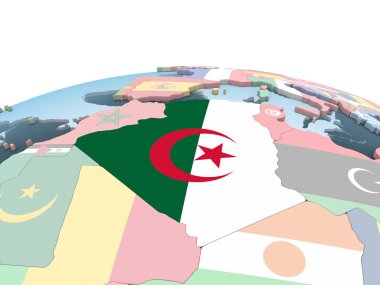 Cezayir katıştırılmış bayrak ile parlak siyasi dünya üzerinde. 3D çizim.