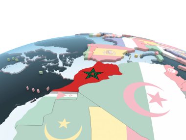 Fas katıştırılmış bayrak ile parlak siyasi dünya üzerinde. 3D çizim.