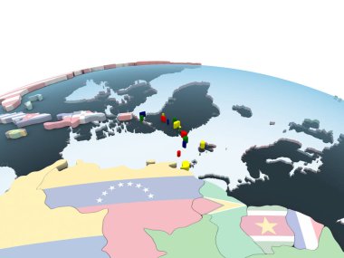 Karayipler katıştırılmış bayrak ile parlak siyasi dünya üzerinde. 3D çizim.