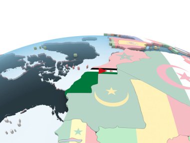 Batı Sahra katıştırılmış bayrak ile parlak siyasi dünya üzerinde. 3D çizim.