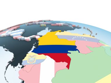 Kolombiya katıştırılmış bayrak ile parlak siyasi dünya üzerinde. 3D çizim.