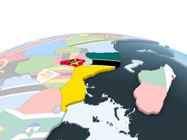 Mozambik katıştırılmış bayrak ile parlak siyasi dünya üzerinde. 3D çizim.