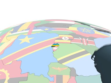 Ruanda katıştırılmış bayrak ile parlak siyasi dünya üzerinde. 3D çizim.