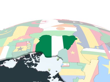 Nijerya katıştırılmış bayrak ile parlak siyasi dünya üzerinde. 3D çizim.