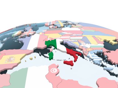 İtalya katıştırılmış bayrak ile parlak siyasi dünya üzerinde. 3D çizim.