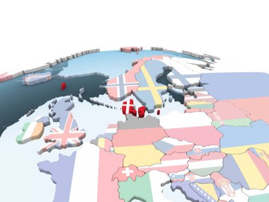 Danimarka katıştırılmış bayrak ile parlak siyasi dünya üzerinde. 3D çizim.