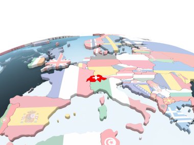 İsviçre katıştırılmış bayrak ile parlak siyasi dünya üzerinde. 3D çizim.