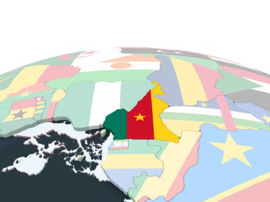 Kamerun katıştırılmış bayrak ile parlak siyasi dünya üzerinde. 3D çizim.