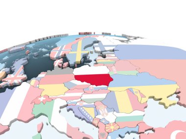 Polonya katıştırılmış bayrak ile parlak siyasi dünya üzerinde. 3D çizim.