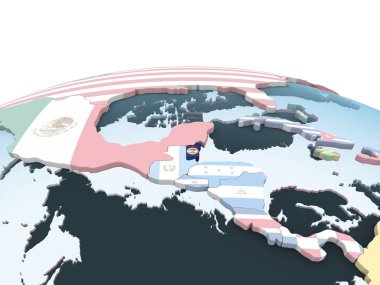 Belize katıştırılmış bayrak ile parlak siyasi dünya üzerinde. 3D çizim.