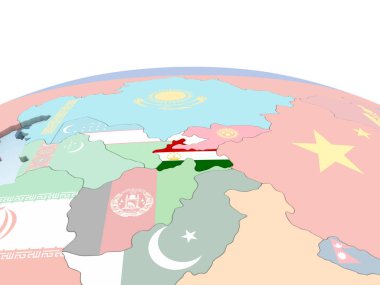 Tacikistan katıştırılmış bayrak ile parlak siyasi dünya üzerinde. 3D çizim.