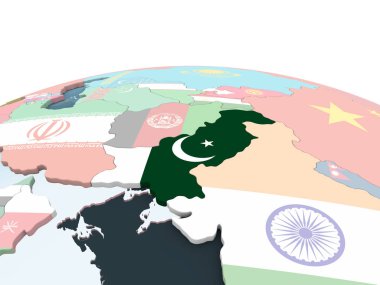 Pakistan katıştırılmış bayrak ile parlak siyasi dünya üzerinde. 3D çizim.