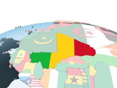 Mali katıştırılmış bayrak ile parlak siyasi dünya üzerinde. 3D çizim.