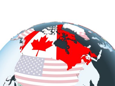 Kanada katıştırılmış bayrak ile parlak siyasi dünya üzerinde. 3D çizim.