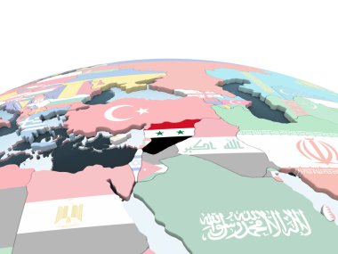 Suriye katıştırılmış bayrak ile parlak siyasi dünya üzerinde. 3D çizim.