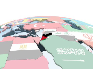 Jordan katıştırılmış bayrak ile parlak siyasi dünya üzerinde. 3D çizim.