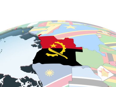 Angola katıştırılmış bayrak ile parlak siyasi dünya üzerinde. 3D çizim.
