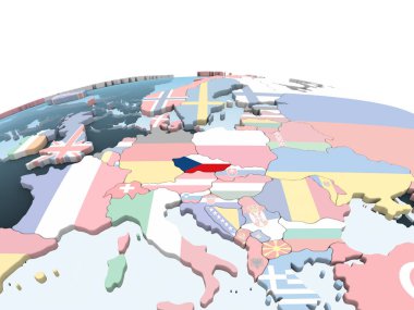 Çek Cumhuriyeti katıştırılmış bayrak ile parlak siyasi dünya üzerinde. 3D çizim.