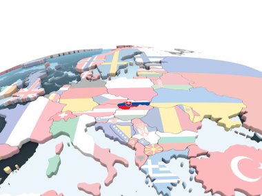 Slovakya katıştırılmış bayrak ile parlak siyasi dünya üzerinde. 3D çizim.