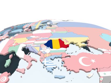Romanya katıştırılmış bayrak ile parlak siyasi dünya üzerinde. 3D çizim.