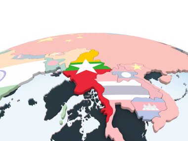 Myanmar katıştırılmış bayrak ile parlak siyasi dünya üzerinde. 3D çizim.