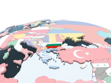 Bulgaristan katıştırılmış bayrak ile parlak siyasi dünya üzerinde. 3D çizim.