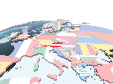 Avusturya katıştırılmış bayrak ile parlak siyasi dünya üzerinde. 3D çizim.