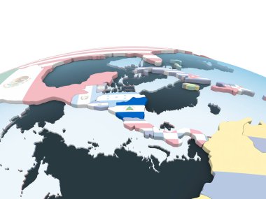 Nikaragua katıştırılmış bayrak ile parlak siyasi dünya üzerinde. 3D çizim.