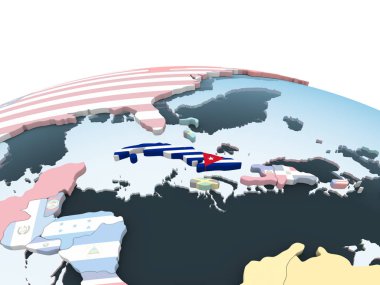 Küba katıştırılmış bayrak ile parlak siyasi dünya üzerinde. 3D çizim.