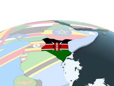 Kenya katıştırılmış bayrak ile parlak siyasi dünya üzerinde. 3D çizim.