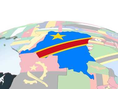 Demokratik Kongo Cumhuriyeti katıştırılmış bayrak ile parlak siyasi dünya üzerinde. 3D çizim.