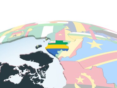 Gabon katıştırılmış bayrak ile parlak siyasi dünya üzerinde. 3D çizim.