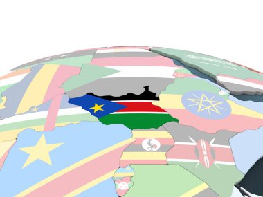 Güney Sudan katıştırılmış bayrak ile parlak siyasi dünya üzerinde. 3D çizim.