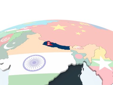 Nepal katıştırılmış bayrak ile parlak siyasi dünya üzerinde. 3D çizim.