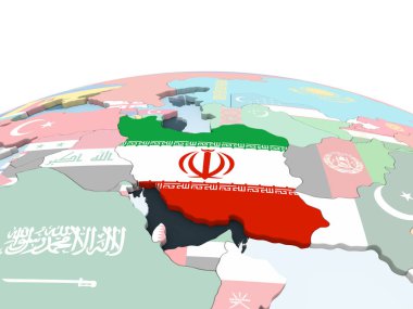 Iran katıştırılmış bayrak ile parlak siyasi dünya üzerinde. 3D çizim.