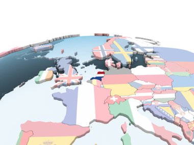 Hollanda katıştırılmış bayrak ile parlak siyasi dünya üzerinde. 3D çizim.